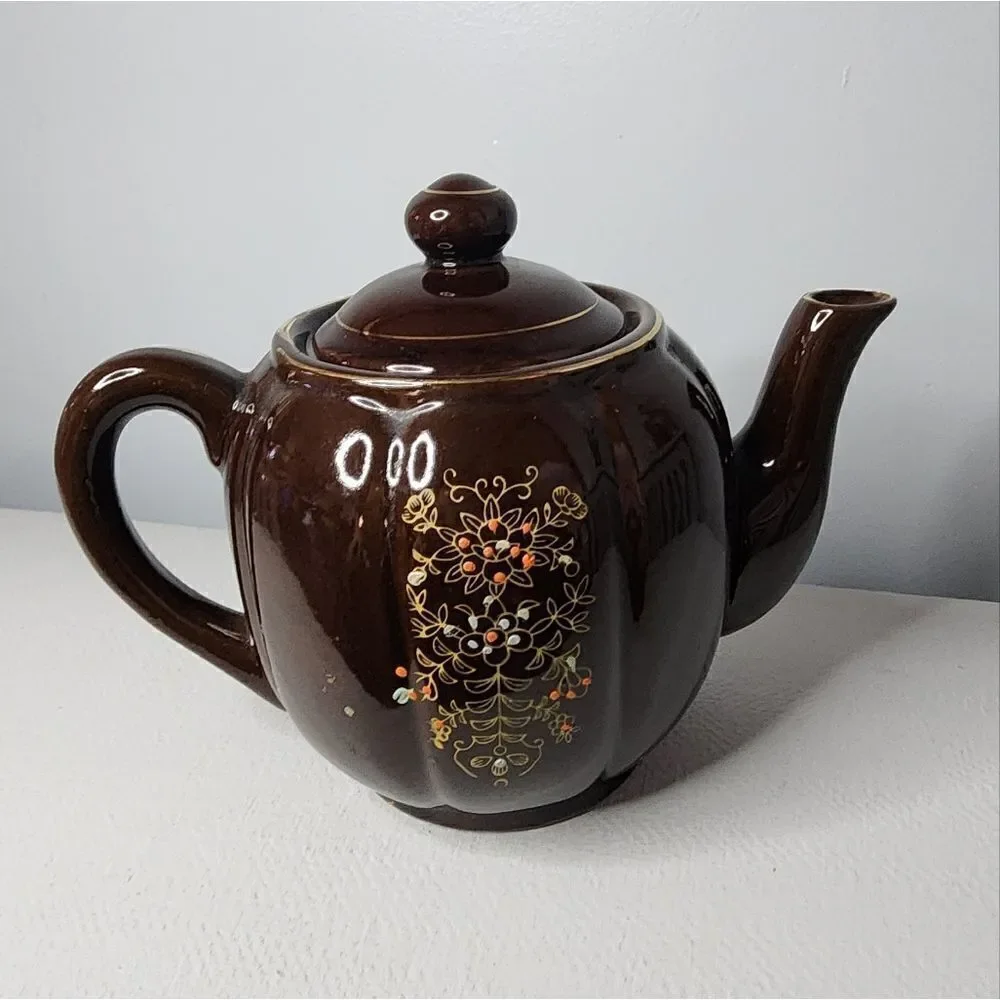 Brown Betty Teapot Japan Redware Hand Paint Pottery Moriage Style Enamel Vtg EUC